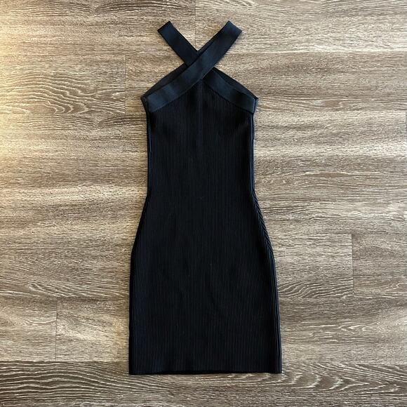 EUC Aritzia Babaton Sculpt Knit Criss Cross Dress Black XS Bodycon Mini Bandage - Picture 7 of 11